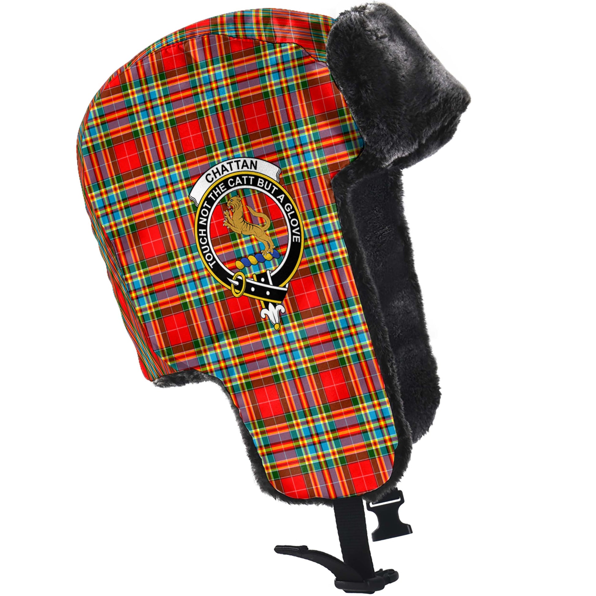 Chattan Tartan Winter Trapper Hat with Family Crest - Tartanvibesclothing