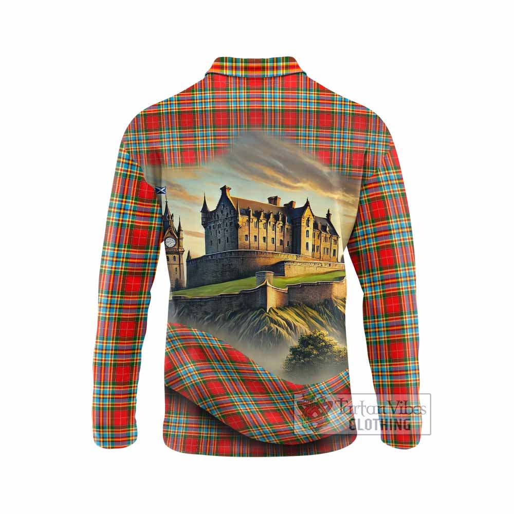 Tartan Vibes Clothing Chattan Tartan Family Crest Long Sleeve Polo Shirt with Scottish Ancient Castle Style