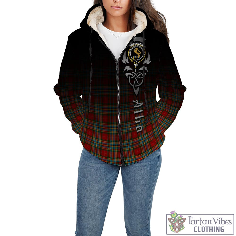 Tartan Vibes Clothing Chattan Tartan Sherpa Hoodie Featuring Alba Gu Brath Family Crest Celtic Inspired