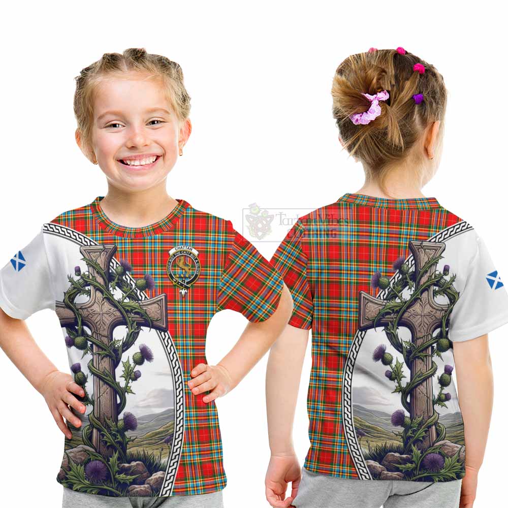 Tartan Vibes Clothing Chattan Tartan Kid T-Shirt with Family Crest and St. Andrew's Cross Accented by Thistle Vines