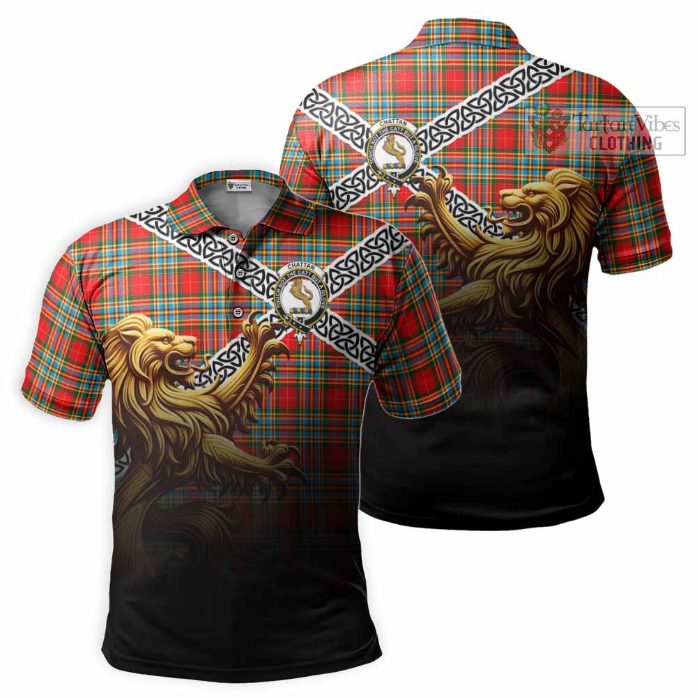 Tartan Vibes Clothing Chattan Crest Tartan Polo Shirt with Golden Lion Emblem Celtic Style