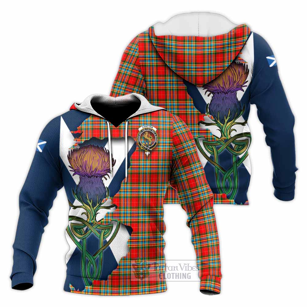Tartan Vibes Clothing Chattan Tartan Family Crest Knitted Hoodie Scottish Thistle Celtic Inspired