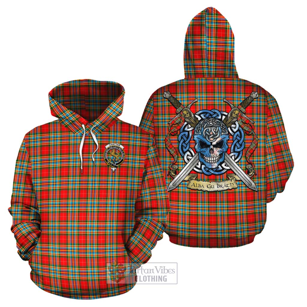 Tartan Vibes Clothing Chattan Tartan Cotton Hoodie with Family Crest Celtic Skull Style