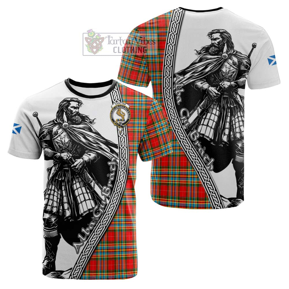 Chattan Tartan Clan Crest Cotton T-shirt with Highlander Warrior Celtic Style