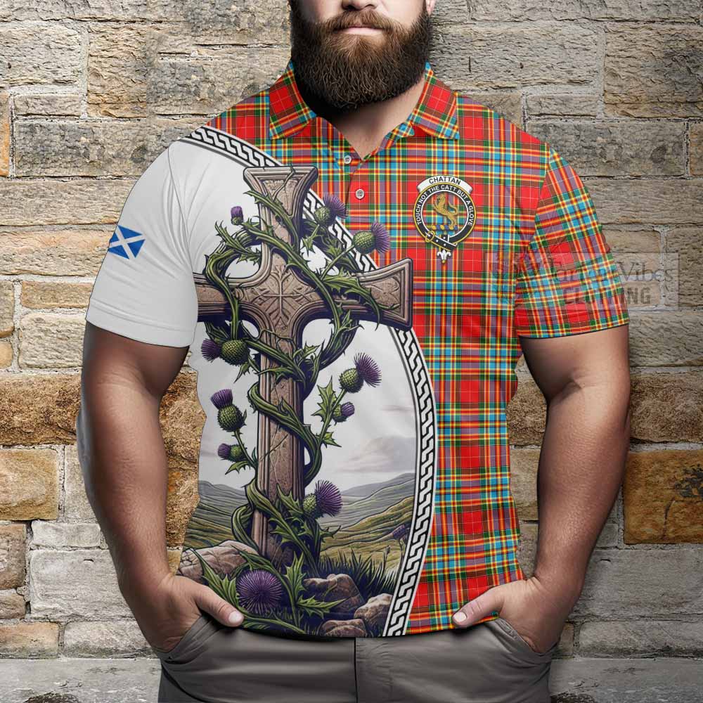 Tartan Vibes Clothing Chattan Tartan Polo Shirt with Family Crest and St. Andrew's Cross Accented by Thistle Vines