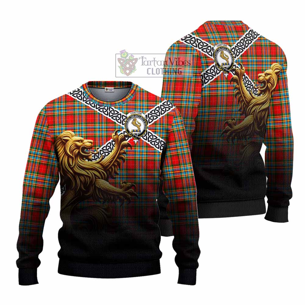 Tartan Vibes Clothing Chattan Crest Tartan Knitted Sweater with Golden Lion Emblem Celtic Style
