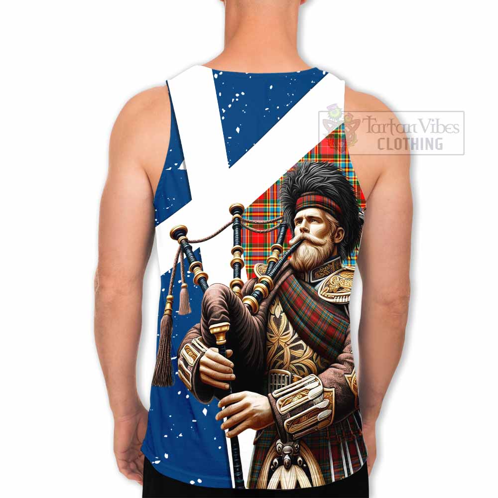 Chattan Tartan Men's Tank Top with Family Crest Scottish Bagpiper Vibes
