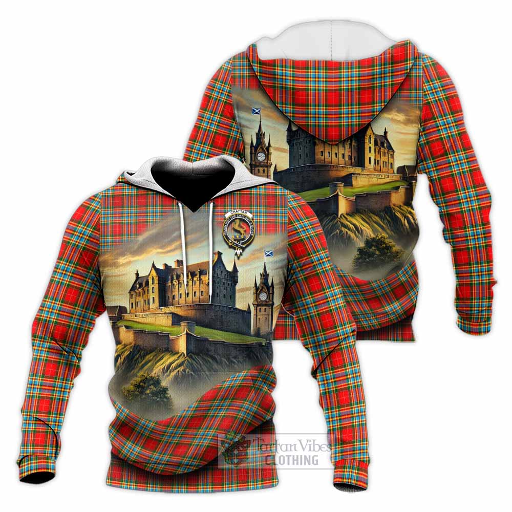 Tartan Vibes Clothing Chattan Tartan Family Crest Knitted Hoodie with Scottish Ancient Castle Style