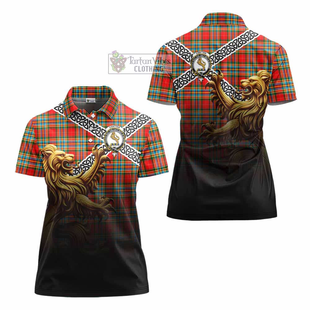 Tartan Vibes Clothing Chattan Crest Tartan Women's Polo Shirt with Golden Lion Emblem Celtic Style