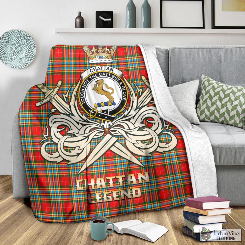 Tartan Vibes Clothing Chattan Tartan Blanket with Clan Crest and the Golden Sword of Courageous Legacy