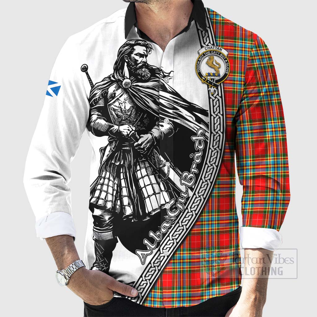 Tartan Vibes Clothing Chattan Tartan Clan Crest Long Sleeve Button Shirt with Highlander Warrior Celtic Style