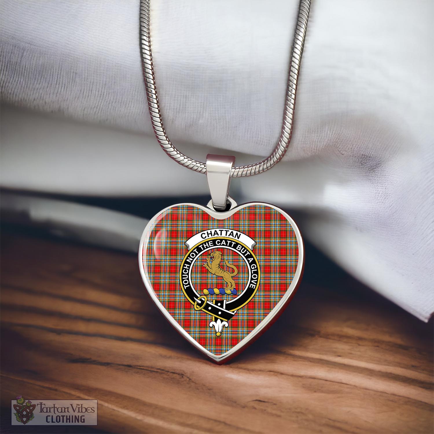 Tartan Vibes Clothing Chattan Tartan Heart Necklace with Family Crest