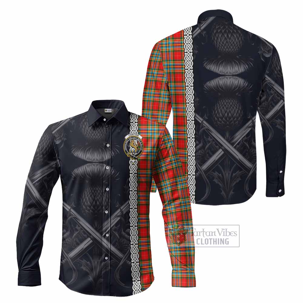 Tartan Vibes Clothing Chattan Tartan Long Sleeve Button Shirt with Family Crest Cross Sword Thistle Celtic Vibes