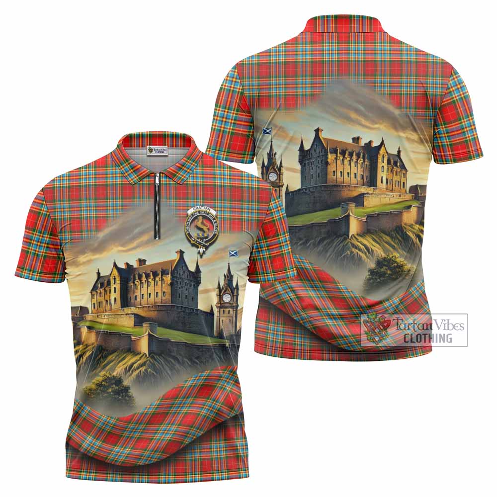Tartan Vibes Clothing Chattan Tartan Family Crest Zipper Polo Shirt with Scottish Ancient Castle Stype