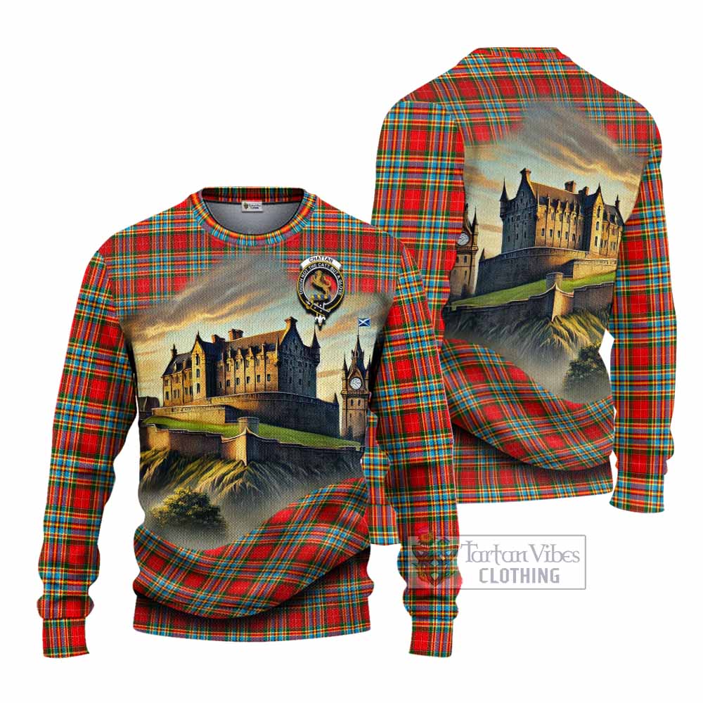 Tartan Vibes Clothing Chattan Tartan Family Crest Knitted Sweater with Scottish Ancient Castle Style