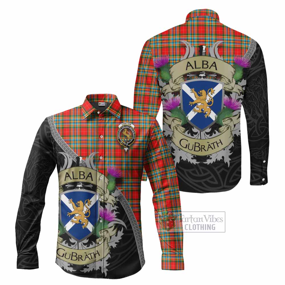 Tartan Vibes Clothing Chattan Tartan Family Crest Long Sleeve Button Shirt Lion Rampant Royal Thistle Shield Celtic Inspired