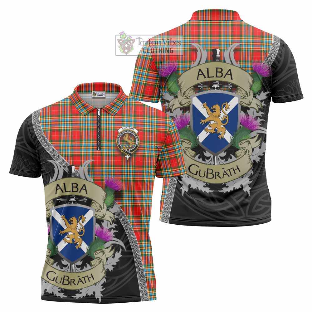 Tartan Vibes Clothing Chattan Tartan Family Crest Zipper Polo Shirt Lion Rampant Royal Thistle Shield Celtic Inspired