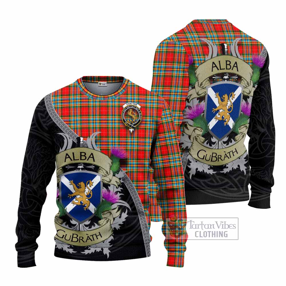 Tartan Vibes Clothing Chattan Tartan Family Crest Knitted Sweater Lion Rampant Royal Thistle Shield Celtic Inspired