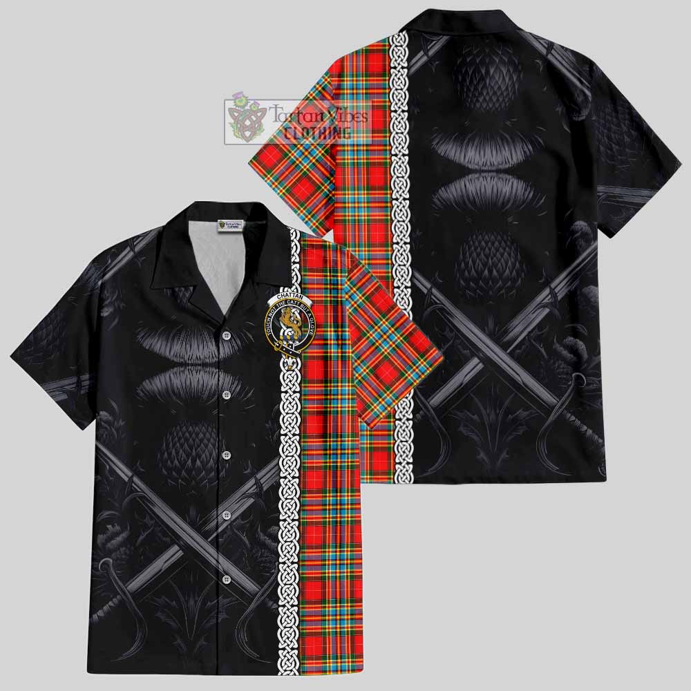 Tartan Vibes Clothing Chattan Tartan Short Sleeve Button Shirt with Family Crest Cross Sword Thistle Celtic Vibes