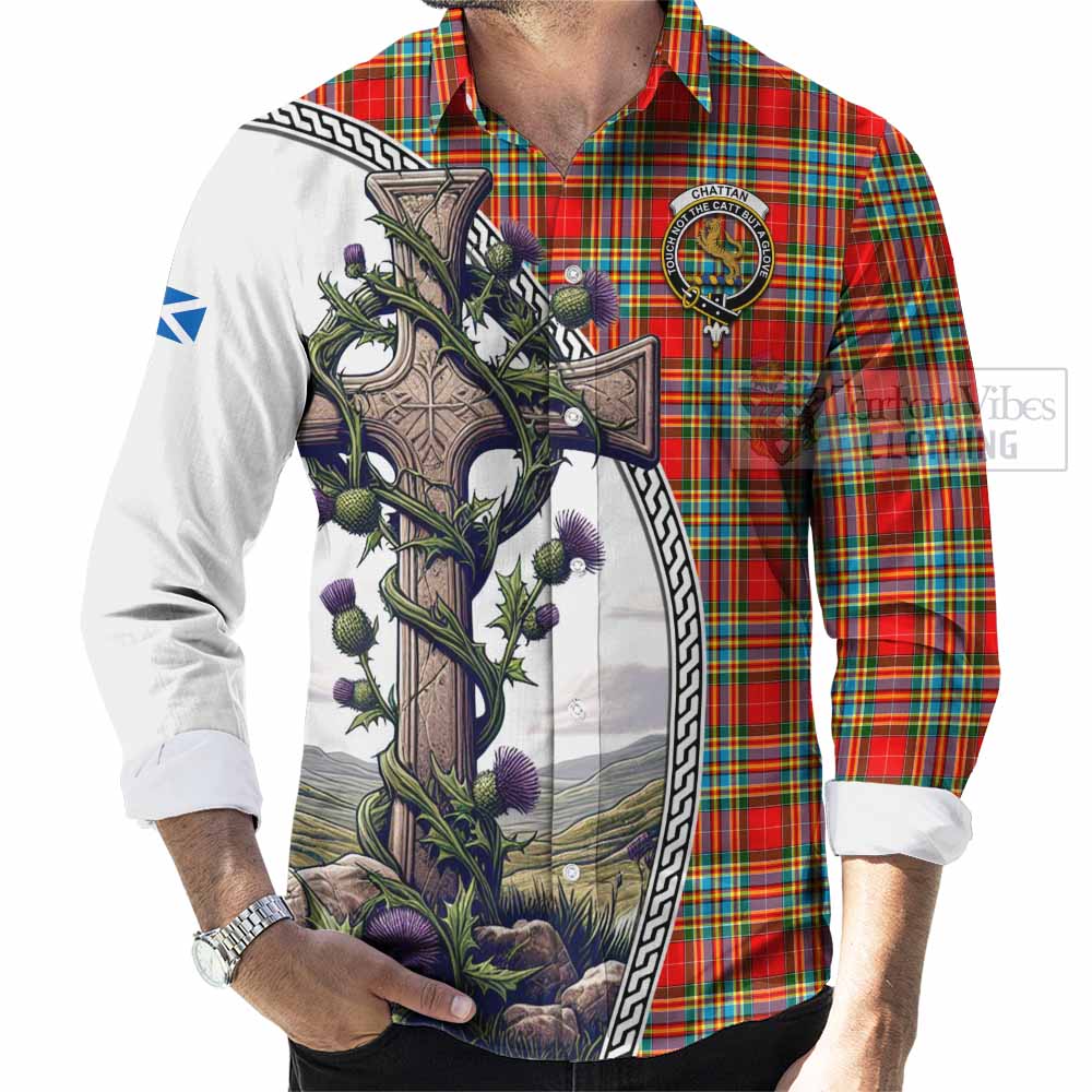 Tartan Vibes Clothing Chattan Tartan Long Sleeve Button Shirt with Family Crest and St. Andrew's Cross Accented by Thistle Vines
