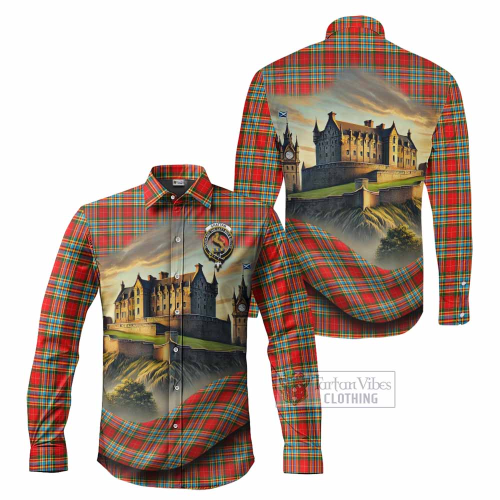 Tartan Vibes Clothing Chattan Tartan Family Crest Long Sleeve Button Shirt with Scottish Ancient Castle Style