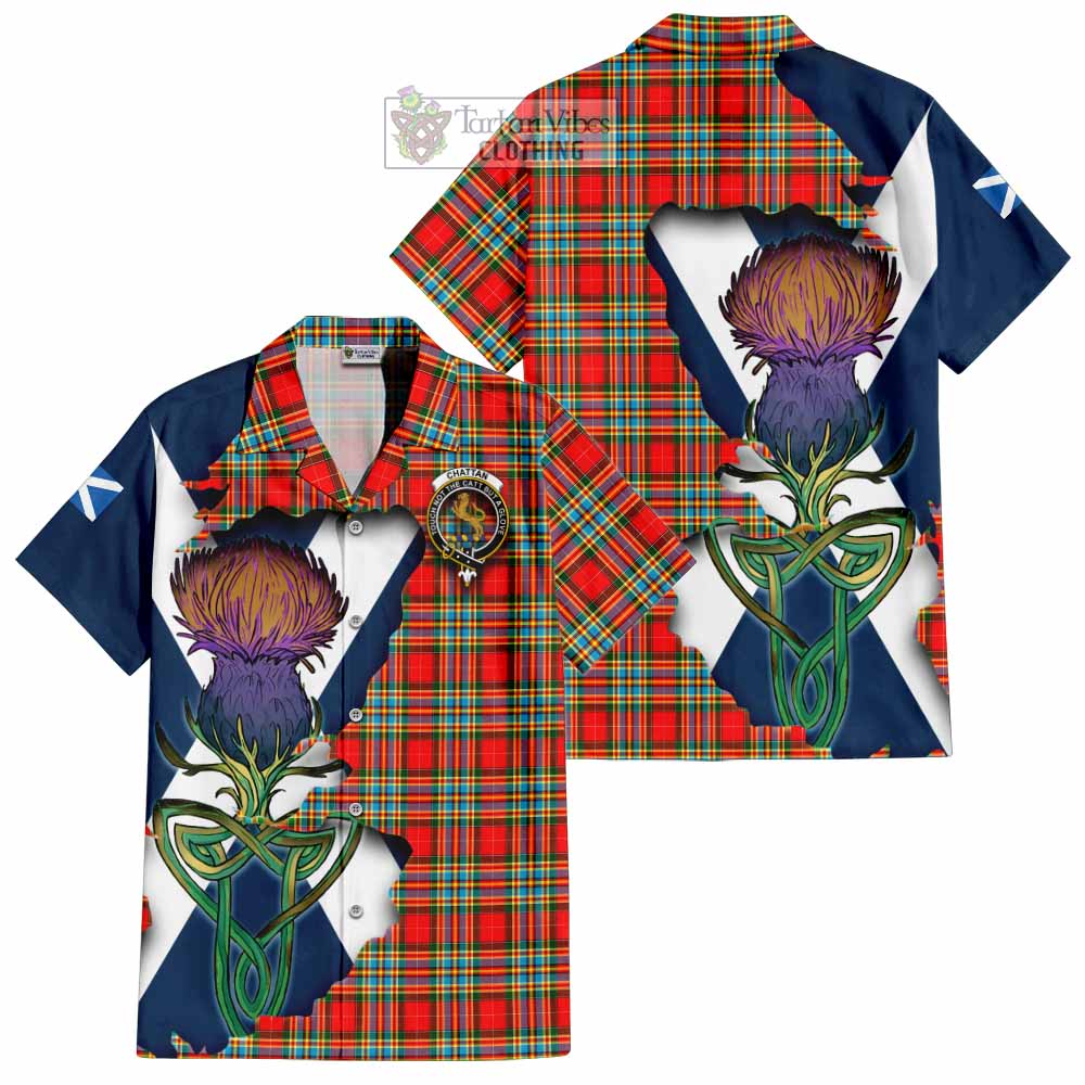 Tartan Vibes Clothing Chattan Tartan Family Crest Short Sleeve Button Shirt Scottish Thistle Celtic Inspired