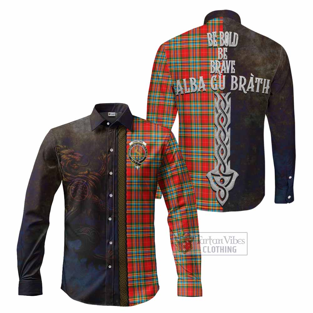 Tartan Vibes Clothing Chattan Tartan Family Crest Long Sleeve Button Shirt Alba Gu Brath Be Brave Lion Ancient Style