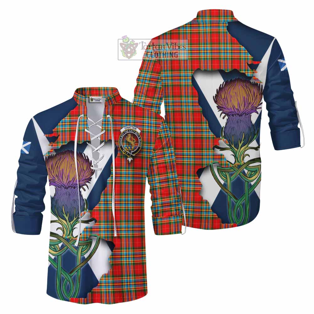 Tartan Vibes Clothing Chattan Tartan Family Crest Ghillie Kilt Shirt Scottish Thistle Celtic Inspired