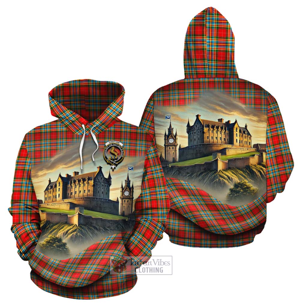 Tartan Vibes Clothing Chattan Tartan Family Crest Cotton Hoodie with Scottish Ancient Castle Style