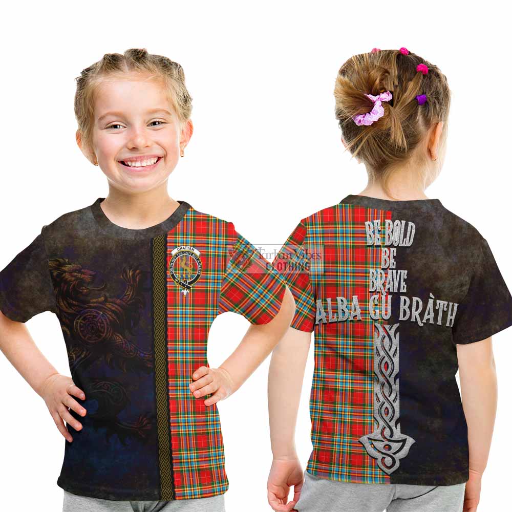 Tartan Vibes Clothing Chattan Tartan Family Crest Kid T-Shirt Alba Gu Brath Be Brave Lion Ancient Style