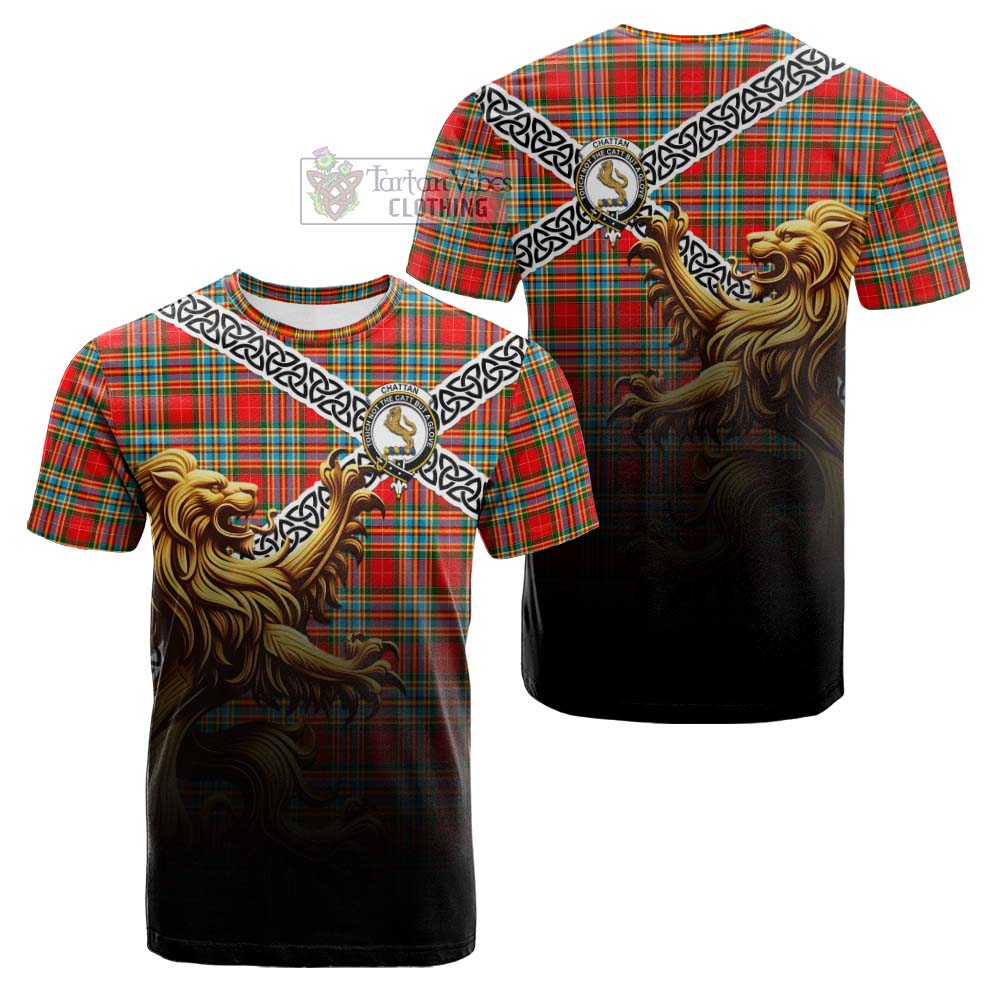 Tartan Vibes Clothing Chattan Crest Tartan Cotton T-shirt with Golden Lion Emblem Celtic Style
