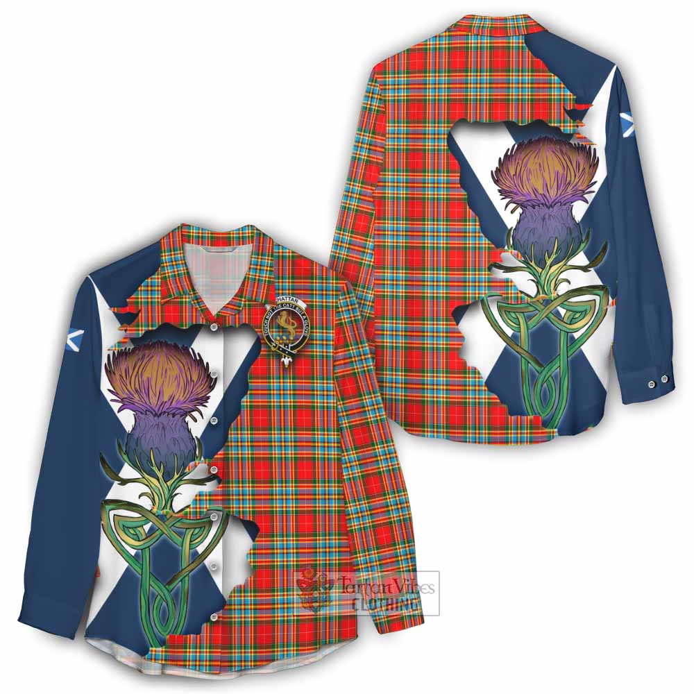 Tartan Vibes Clothing Chattan Tartan Family Crest Women's Casual Shirt Scottish Thistle Celtic Inspired
