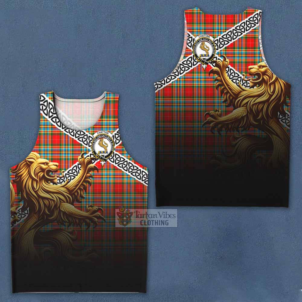 Tartan Vibes Clothing Chattan Crest Tartan Men's Tank Top with Golden Lion Emblem Celtic Style