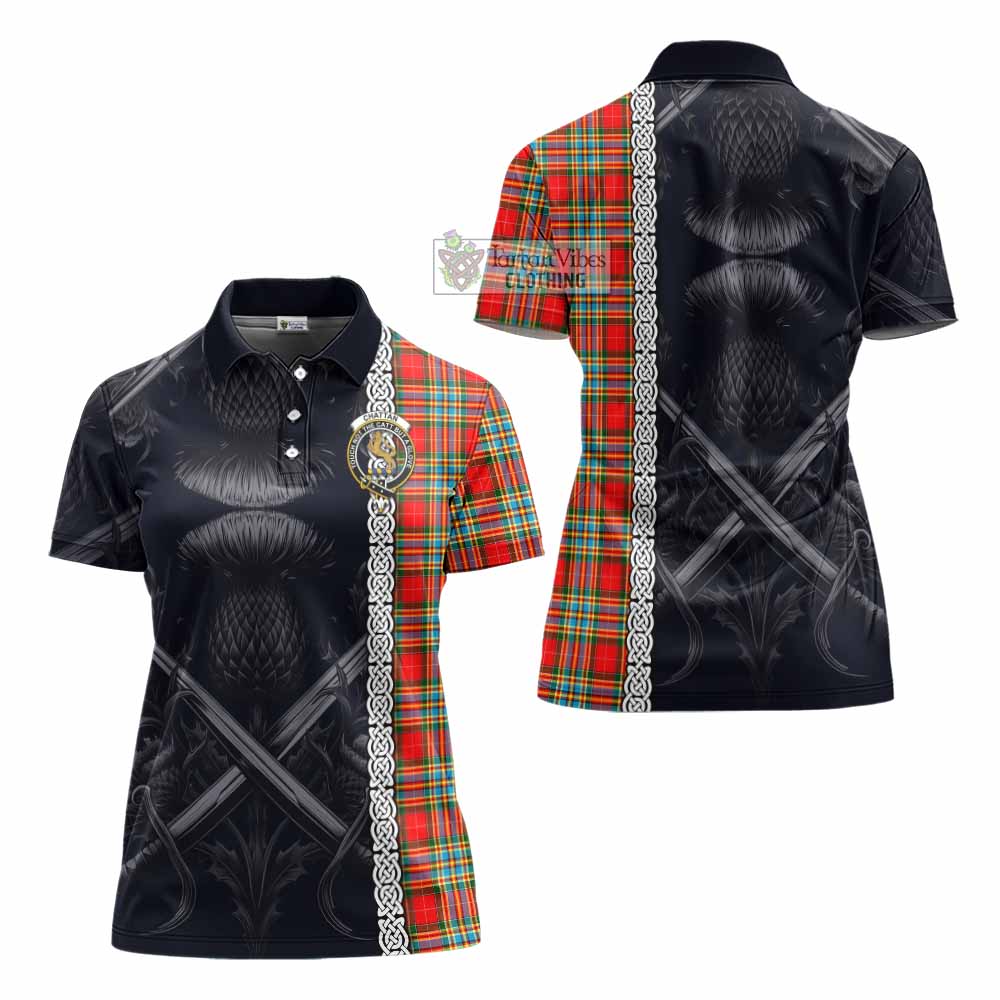 Tartan Vibes Clothing Chattan Tartan Women's Polo Shirt with Family Crest Cross Sword Thistle Celtic Vibes