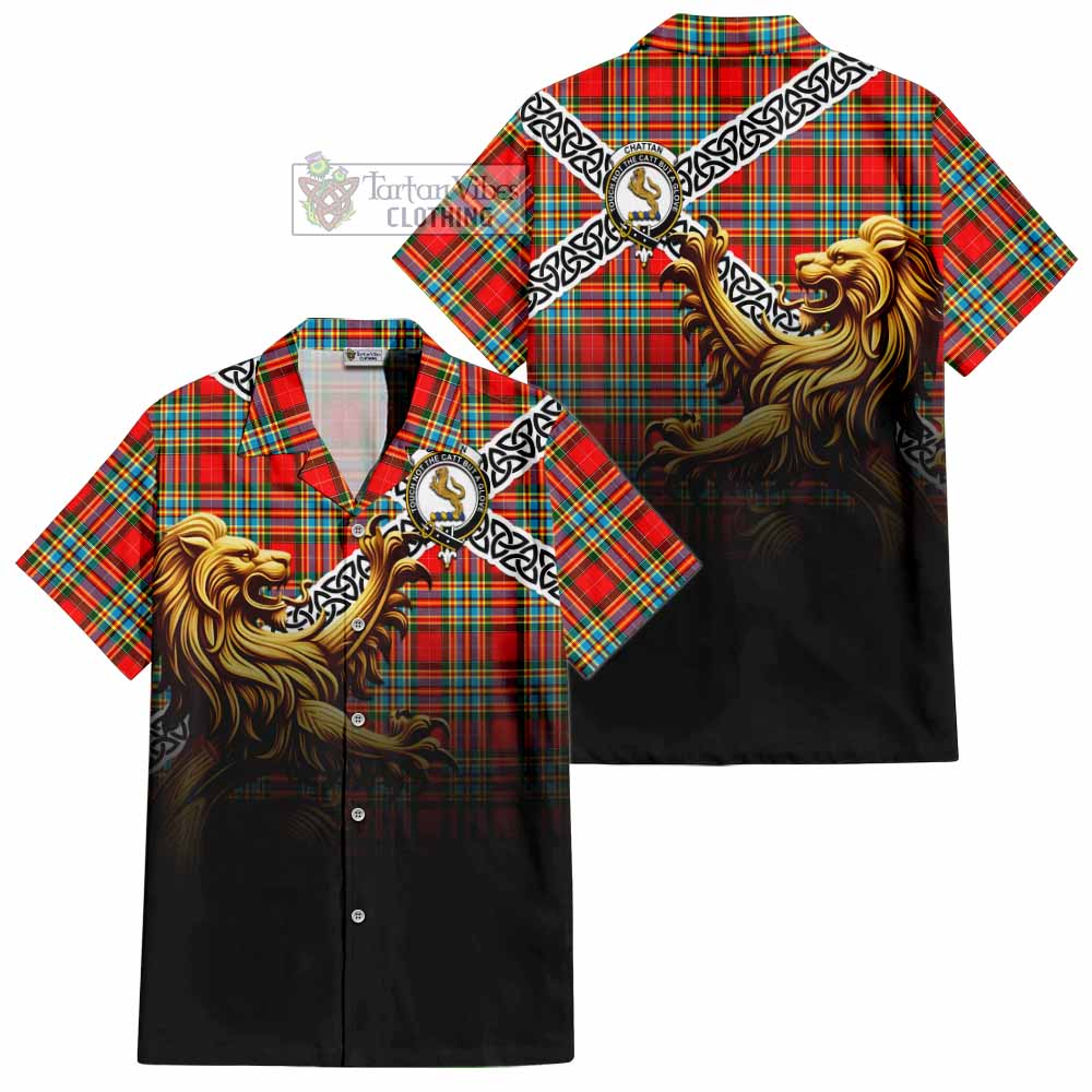Tartan Vibes Clothing Chattan Crest Tartan Short Sleeve Button Shirt with Golden Lion Emblem Celtic Style