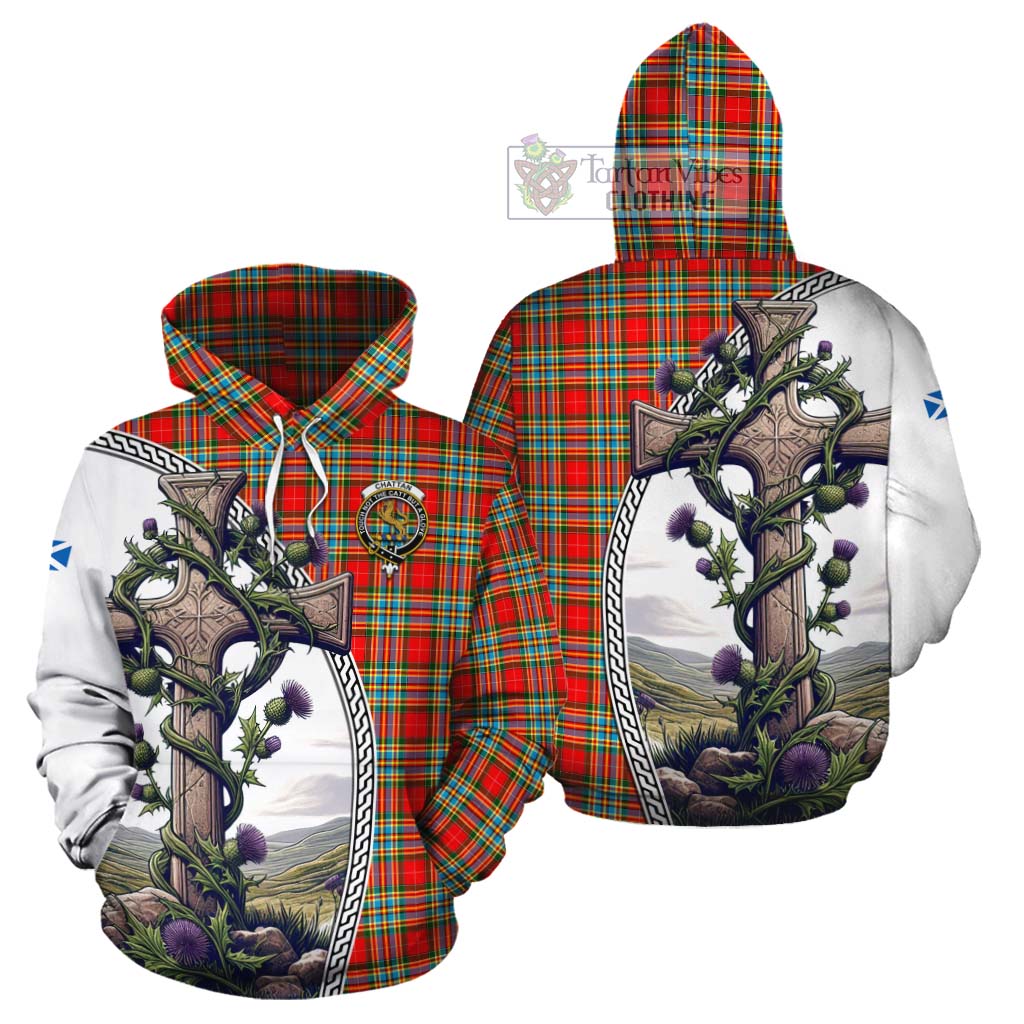 Tartan Vibes Clothing Chattan Tartan Cotton Hoodie with Family Crest and St. Andrew's Cross Accented by Thistle Vines
