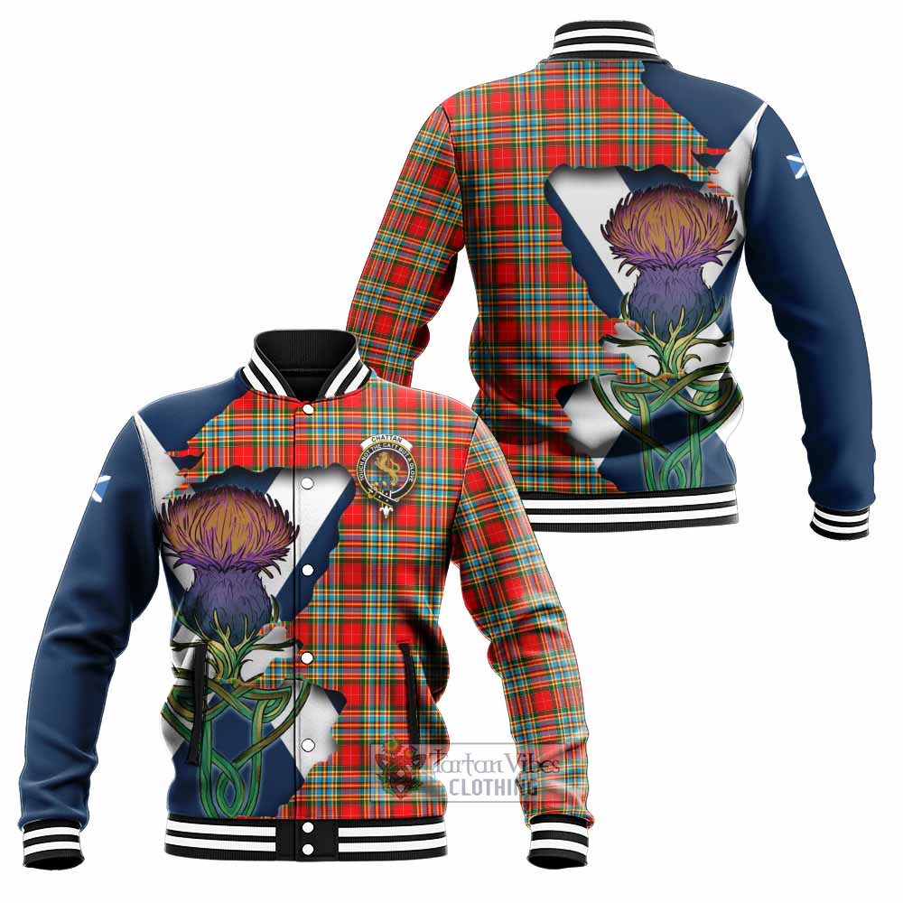 Tartan Vibes Clothing Chattan Tartan Family Crest Baseball Jacket Scottish Thistle Celtic Inspired