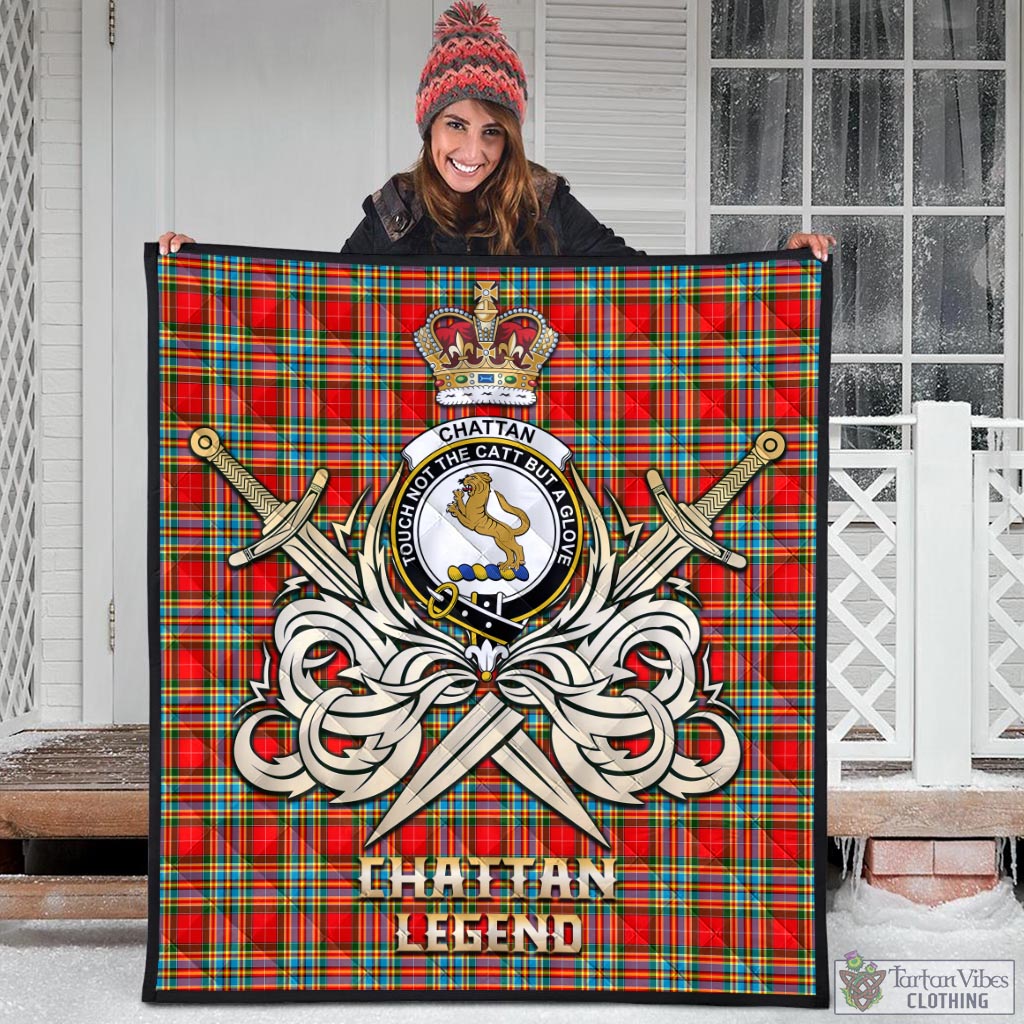 Tartan Vibes Clothing Chattan Tartan Quilt with Clan Crest and the Golden Sword of Courageous Legacy