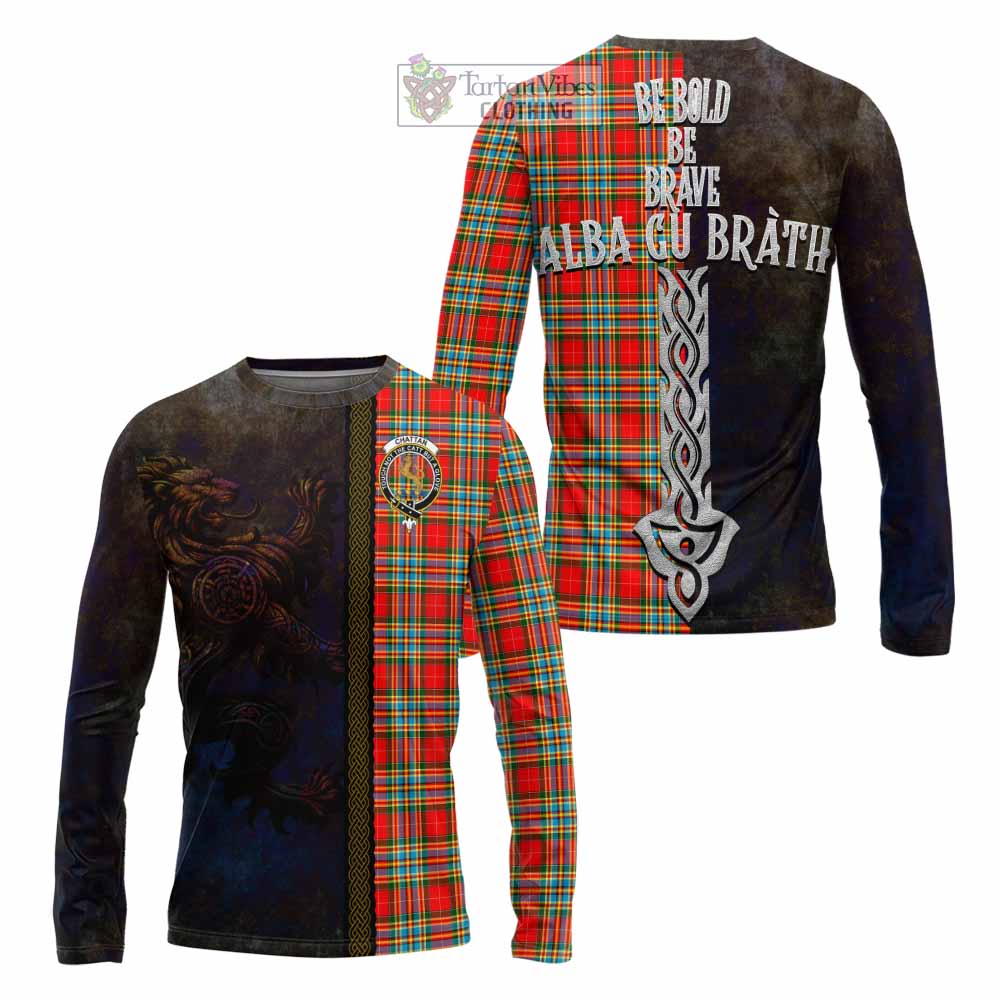 Tartan Vibes Clothing Chattan Tartan Family Crest Long Sleeve T-Shirt Alba Gu Brath Be Brave Lion Ancient Style
