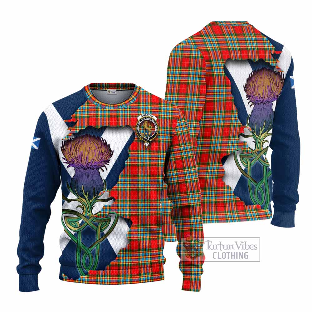 Tartan Vibes Clothing Chattan Tartan Family Crest Knitted Sweater Scottish Thistle Celtic Inspired