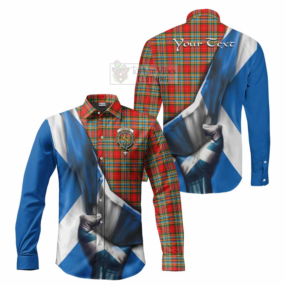 Tartan Vibes Clothing Chattan Tartan Long Sleeve Button Shirt with Family Crest Scotland Patriotic Style