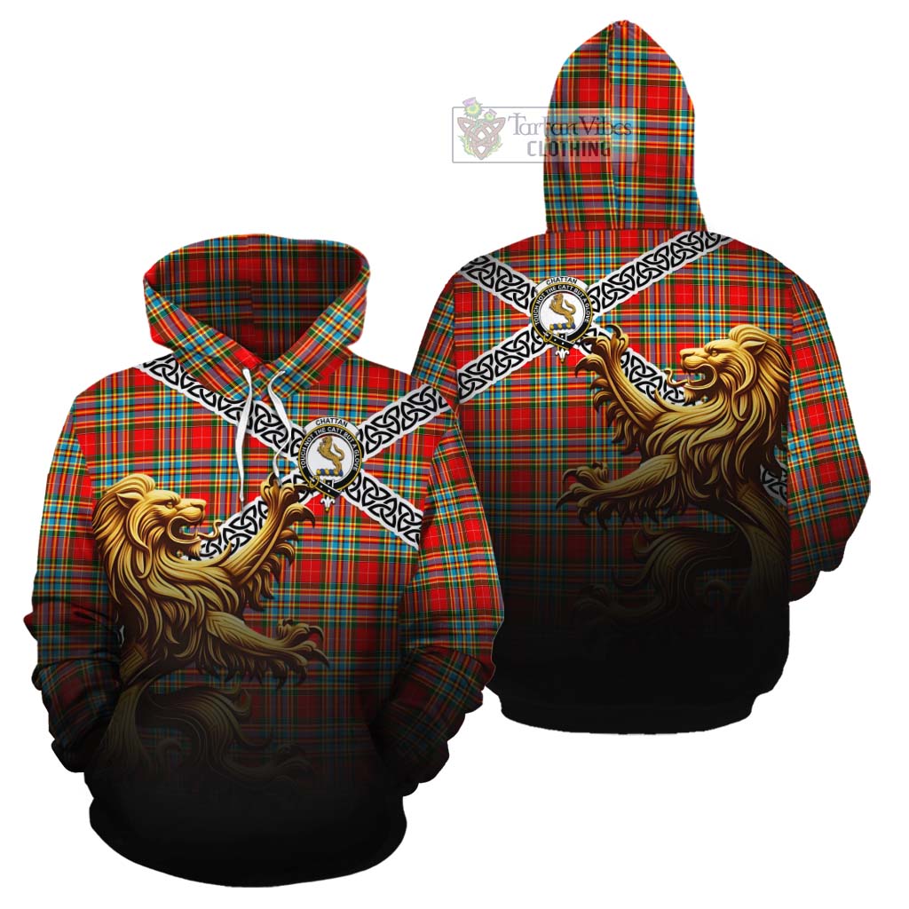 Chattan Crest Tartan Cotton Hoodie with Golden Lion Emblem Celtic Style - Tartan Vibes Clothing