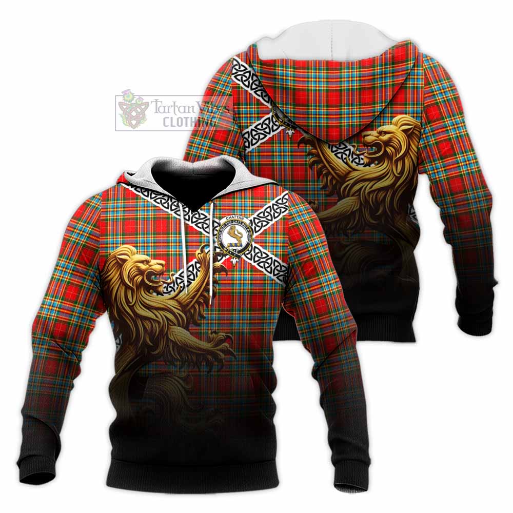 Tartan Vibes Clothing Chattan Crest Tartan Knitted Hoodie with Golden Lion Emblem Celtic Style
