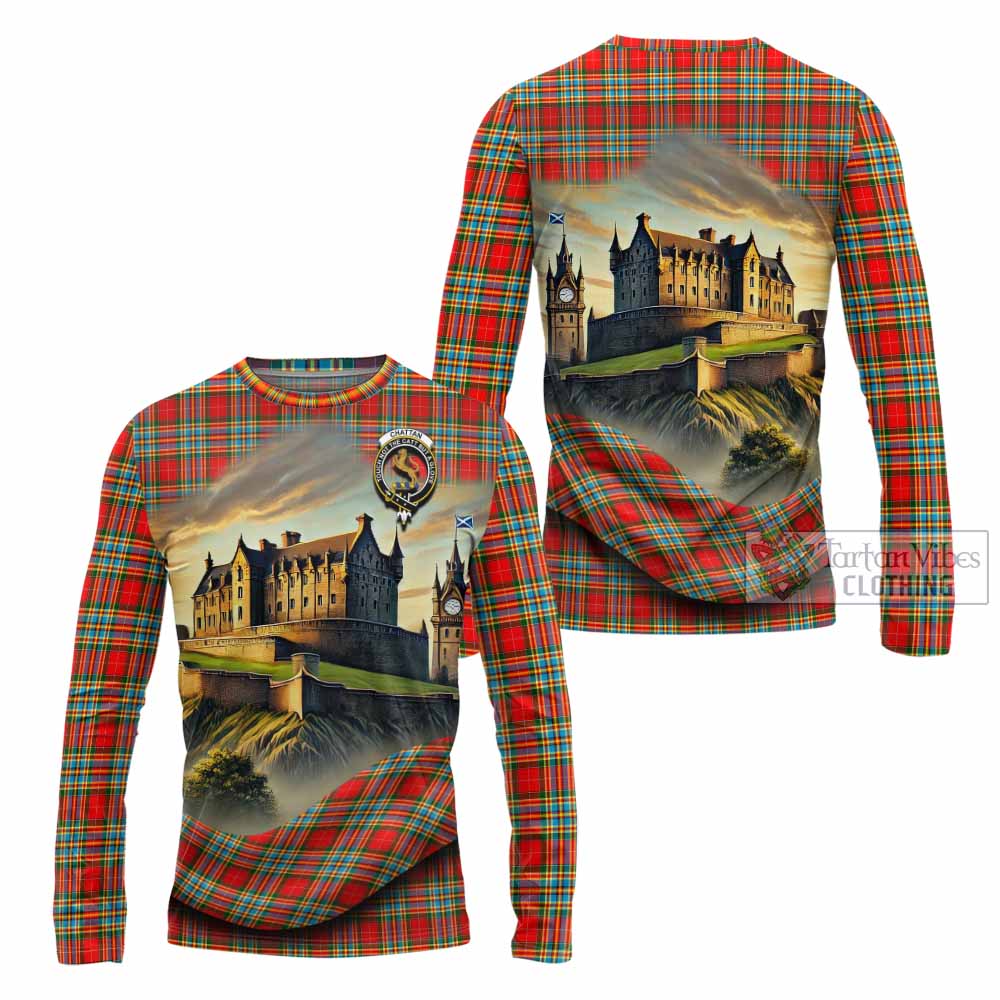 Tartan Vibes Clothing Chattan Tartan Family Crest Long Sleeve T-Shirt with Scottish Ancient Castle Style