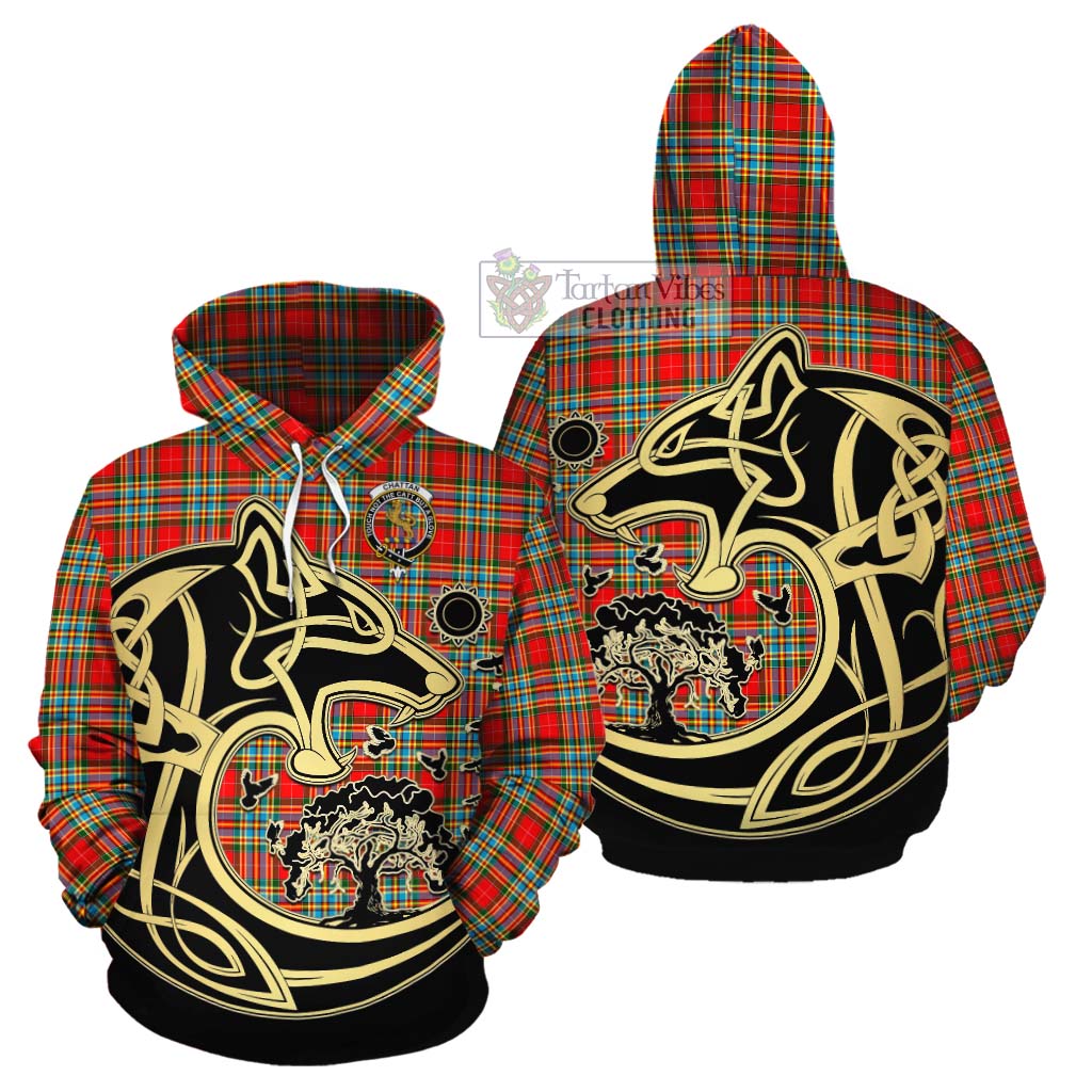 Tartan Vibes Clothing Chattan Tartan Cotton Hoodie with Family Crest Celtic Wolf Style