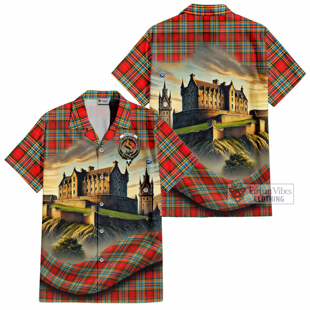 Tartan Vibes Clothing Chattan Tartan Family Crest Short Sleeve Button Shirt with Scottish Ancient Castle Style