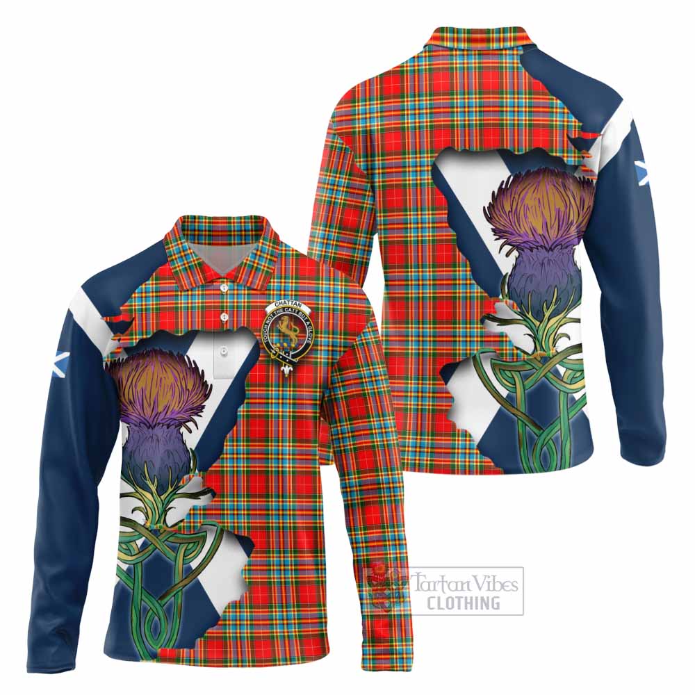Tartan Vibes Clothing Chattan Tartan Family Crest Long Sleeve Polo Shirt Scottish Thistle Celtic Inspired