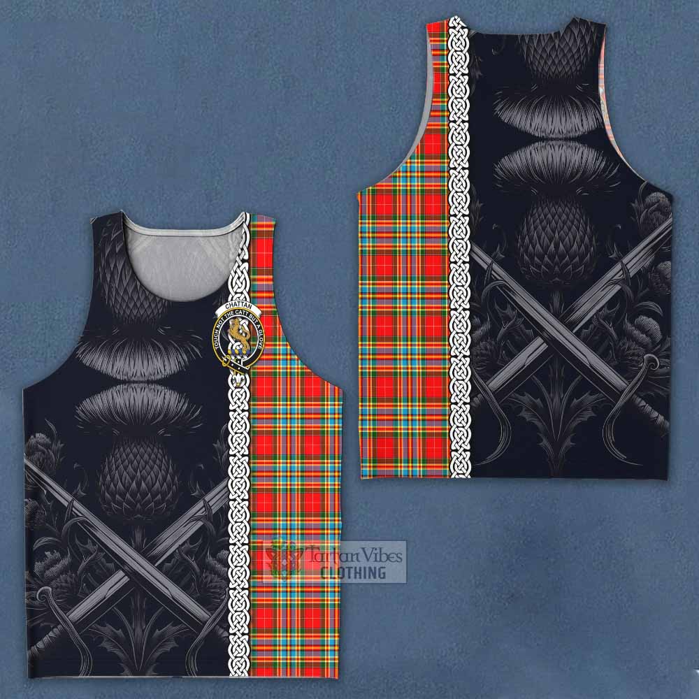 Tartan Vibes Clothing Chattan Tartan Men's Tank Top with Family Crest Cross Sword Thistle Celtic Vibes