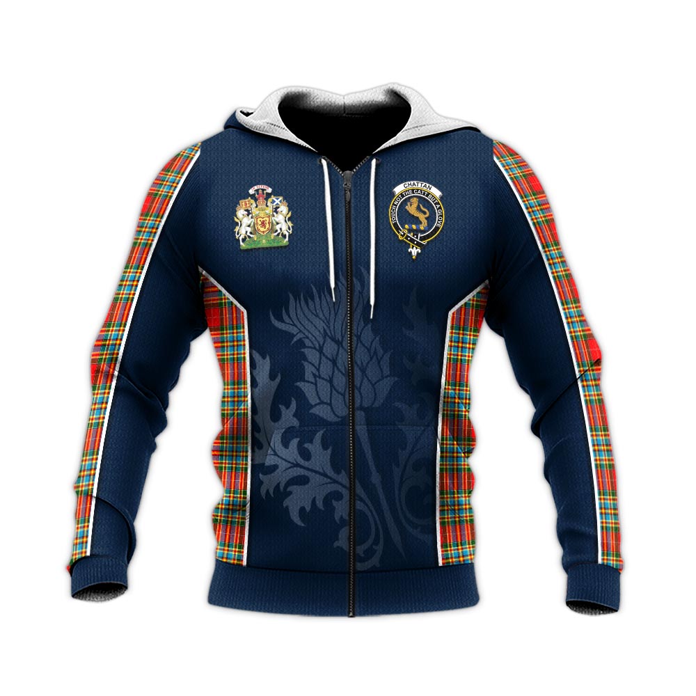 Tartan Vibes Clothing Chattan Tartan Knitted Hoodie with Family Crest and Scottish Thistle Vibes Sport Style