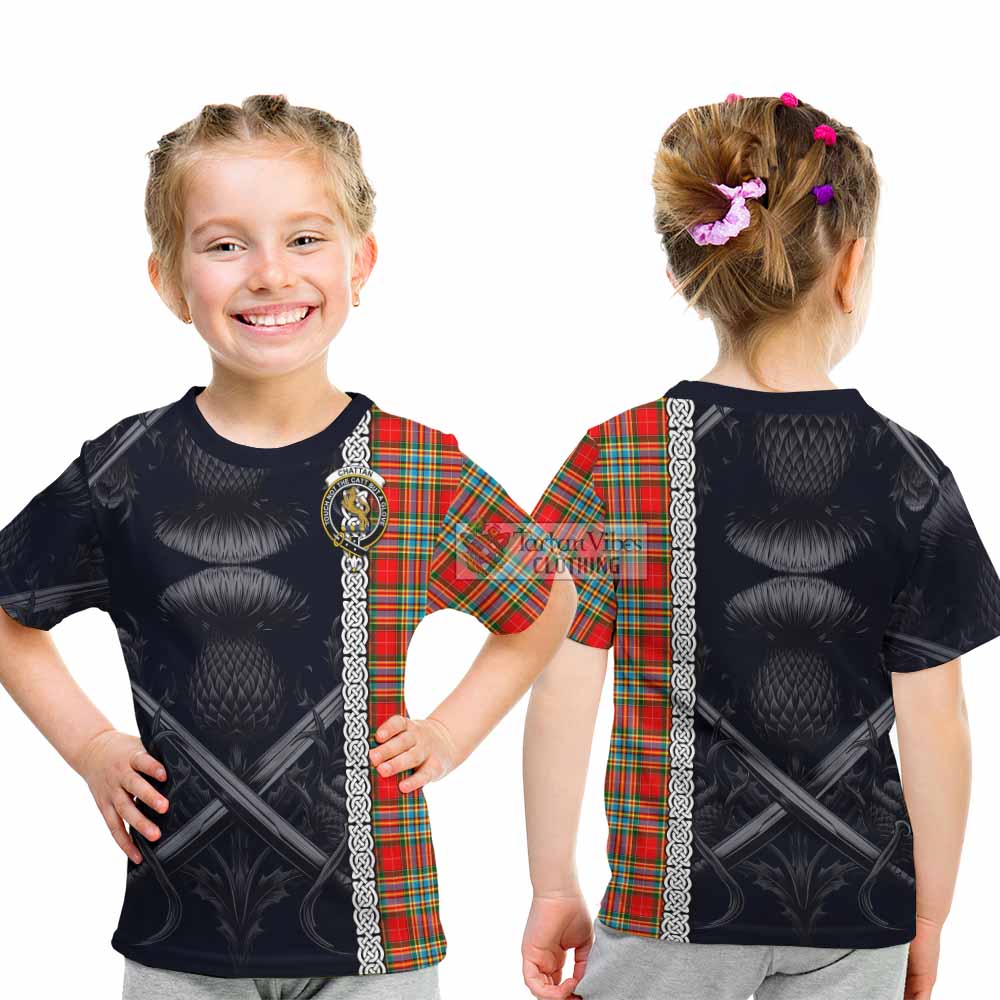 Tartan Vibes Clothing Chattan Tartan Kid T-Shirt with Family Crest Cross Sword Thistle Celtic Vibes